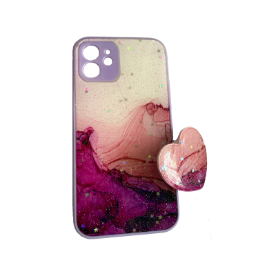 Husa Silicone iPhone 11 Pro cu Protectie Camera si Popsocket atasabil, Heart Purple Marble 3